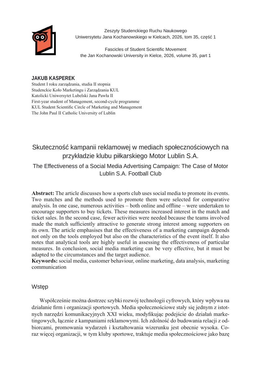 First page of Jakub Kasperek's article in Fascicles of Student Scientific Movement (UJK)
